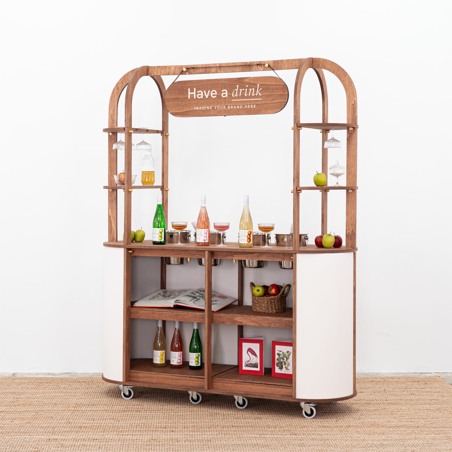 Customizable drink cart for wine tasting events, pop-up bars, and cocktail stations.