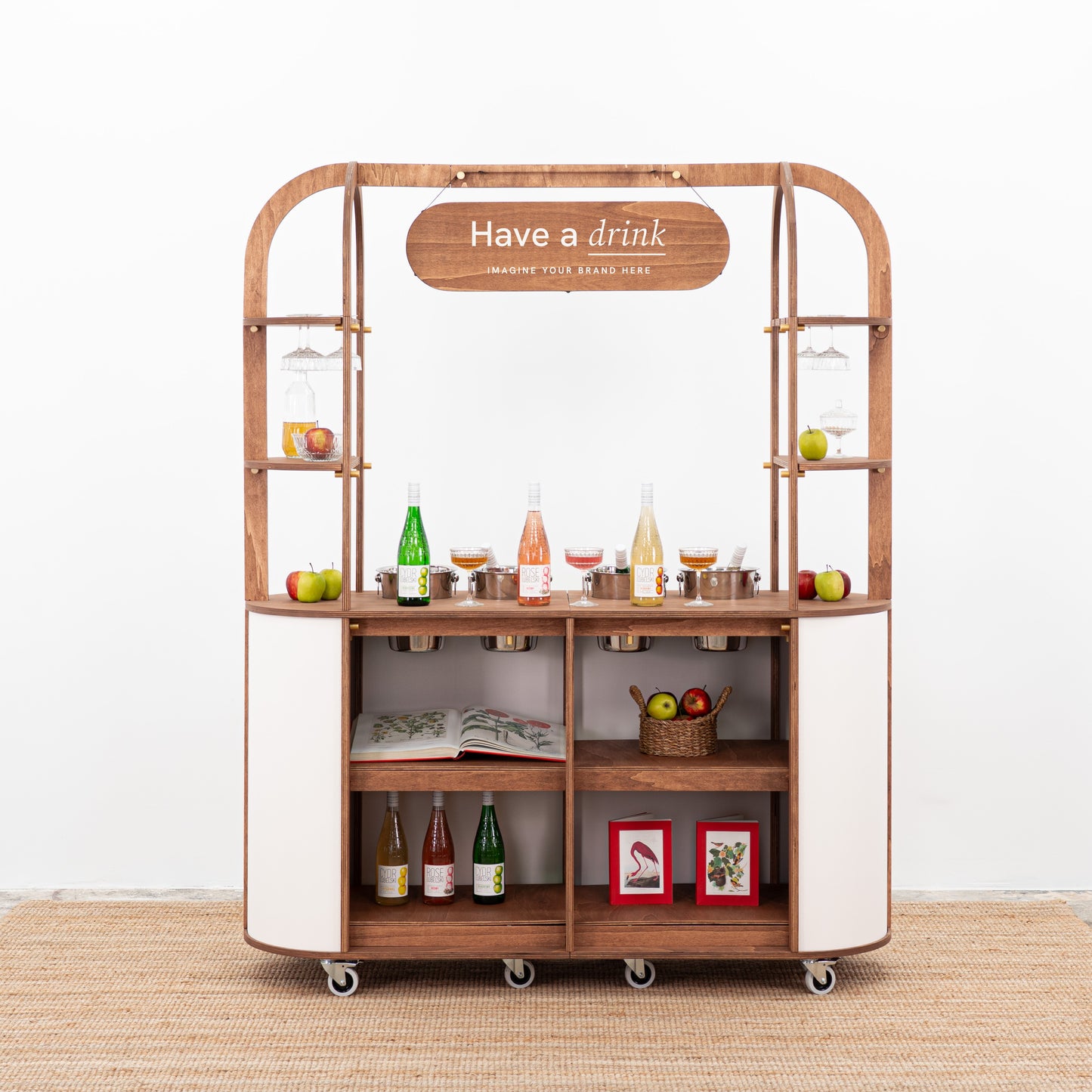 Wine cart with integrated coolers, ideal for serving beverages at weddings, pop-up events, and trade shows.