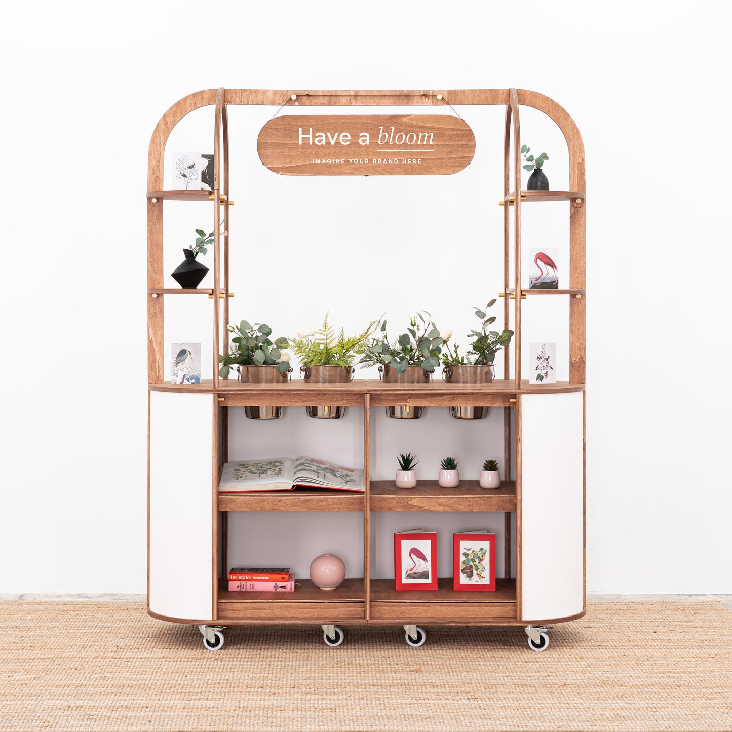 Elegant flower bar cart with space for fresh flowers and floral accessories.