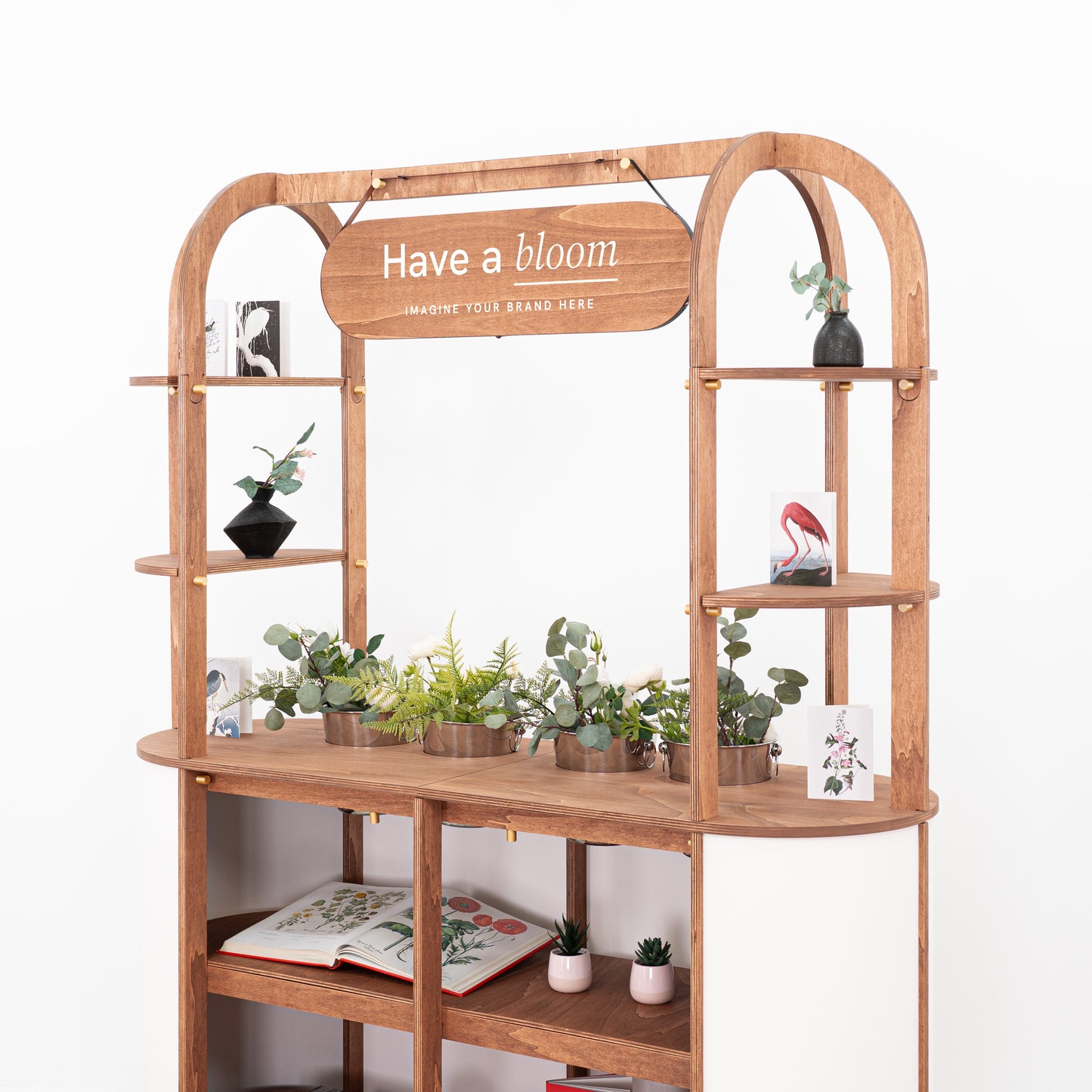 Flower cart with ample shelving and cooler spaces to create a professional and elegant flower bar.