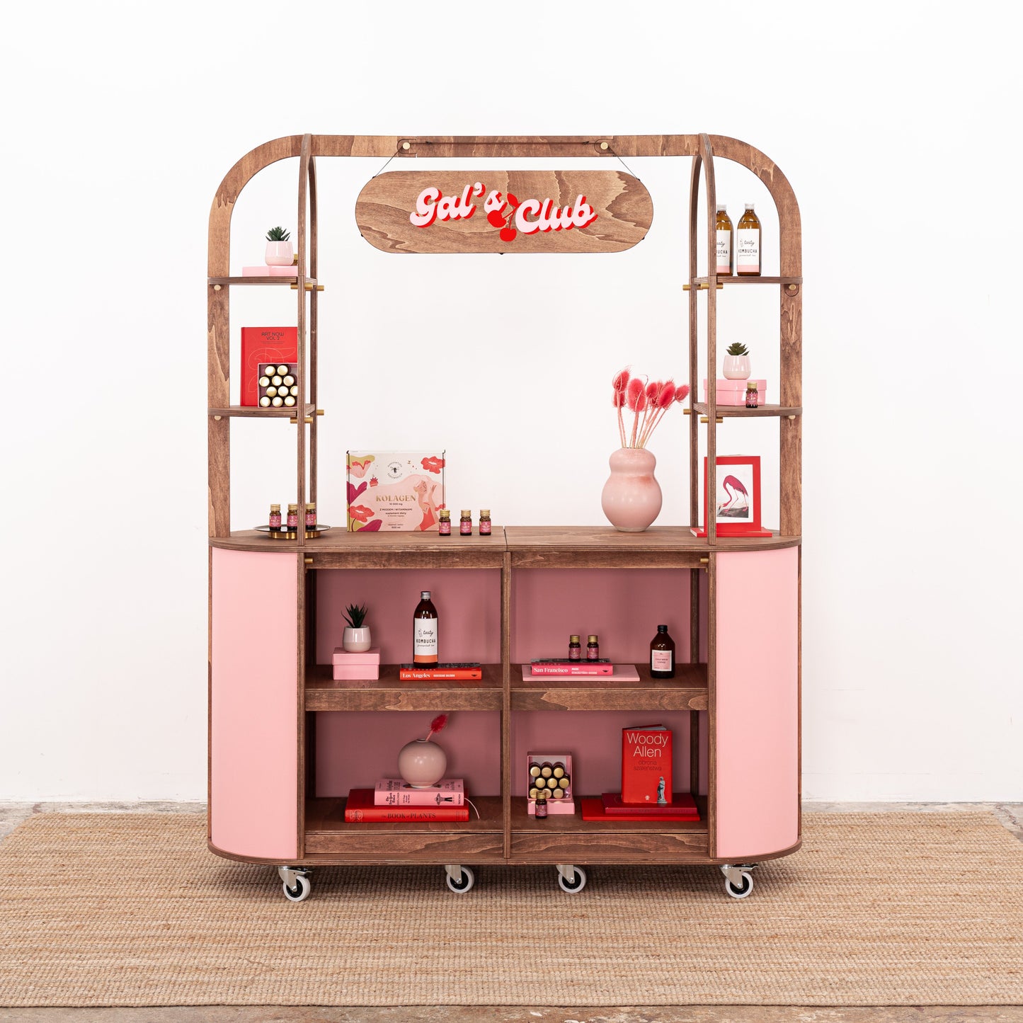 The VC-29 cart with wooden covers sealing cut-out spaces, providing a sleek, uniform countertop for serving food or drinks.