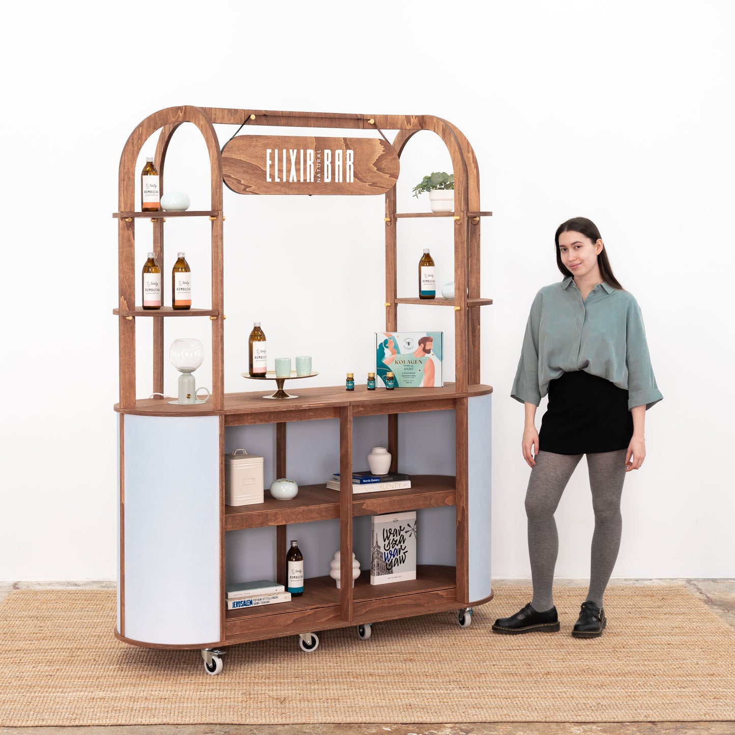 Modular shelves designed for flexible use in serving food, drinks, or floral displays at any event.