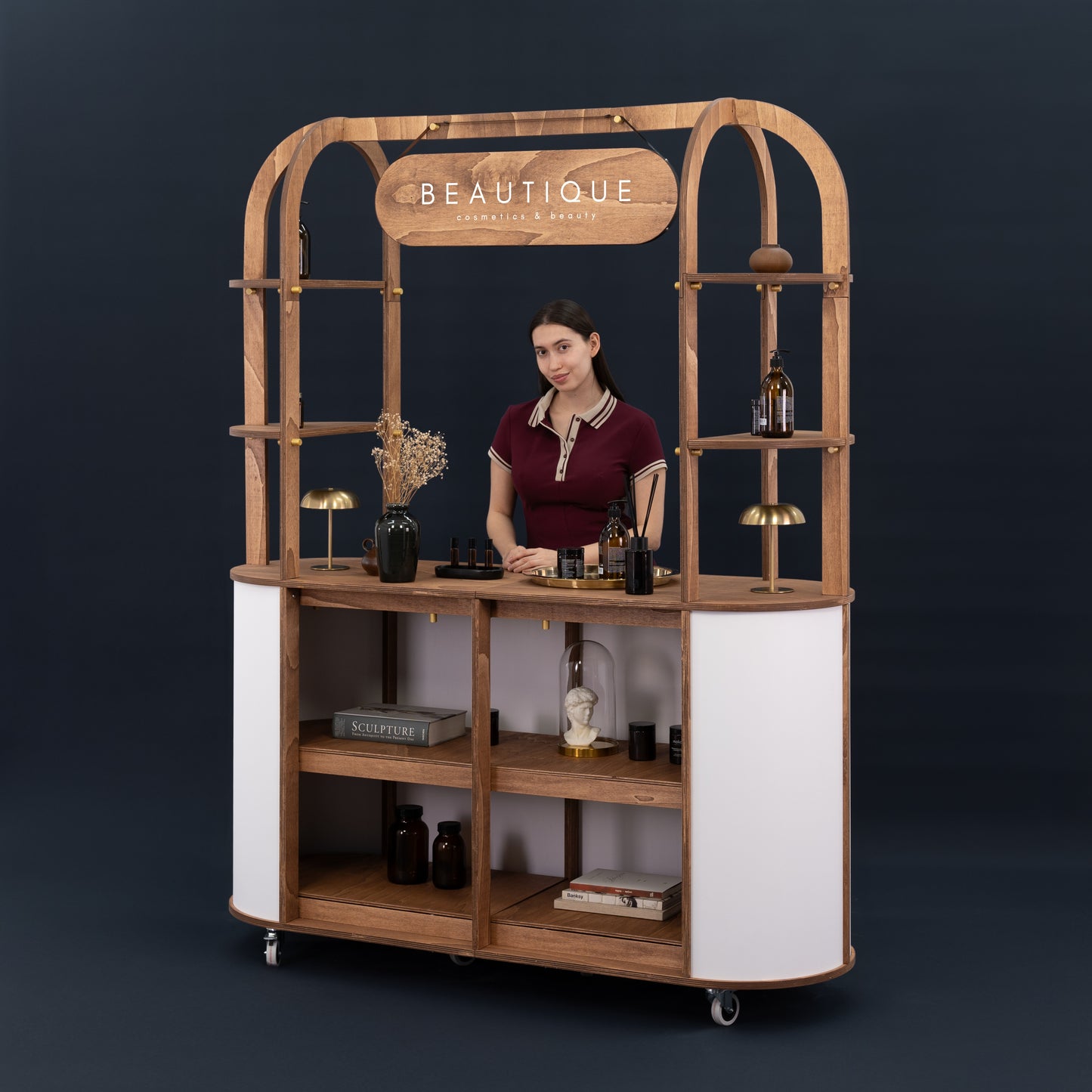 Customized VC-29 cart with a logo and branding displayed at a wedding reception or corporate event.