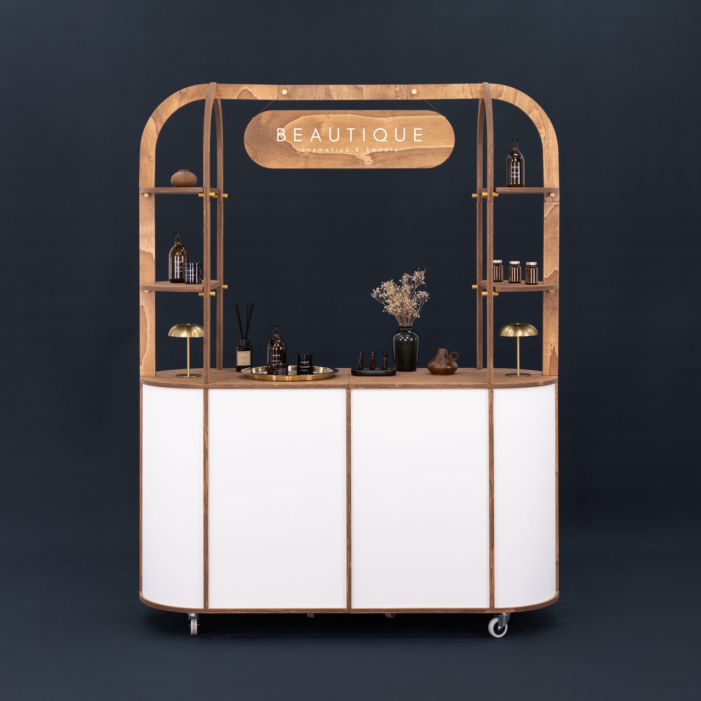 VC-29 cart used as a display for various products at a trade show, with customizable shelves and branding opportunities.