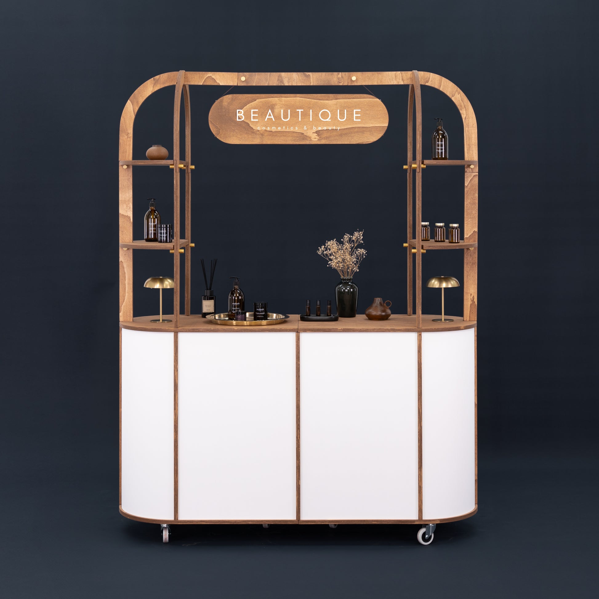 VC-29 cart used as a display for various products at a trade show, with customizable shelves and branding opportunities.