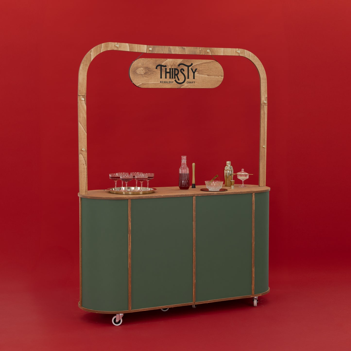 VC-29 cart used in a corporate event, serving as a sophisticated and functional mobile beverage and snack station.