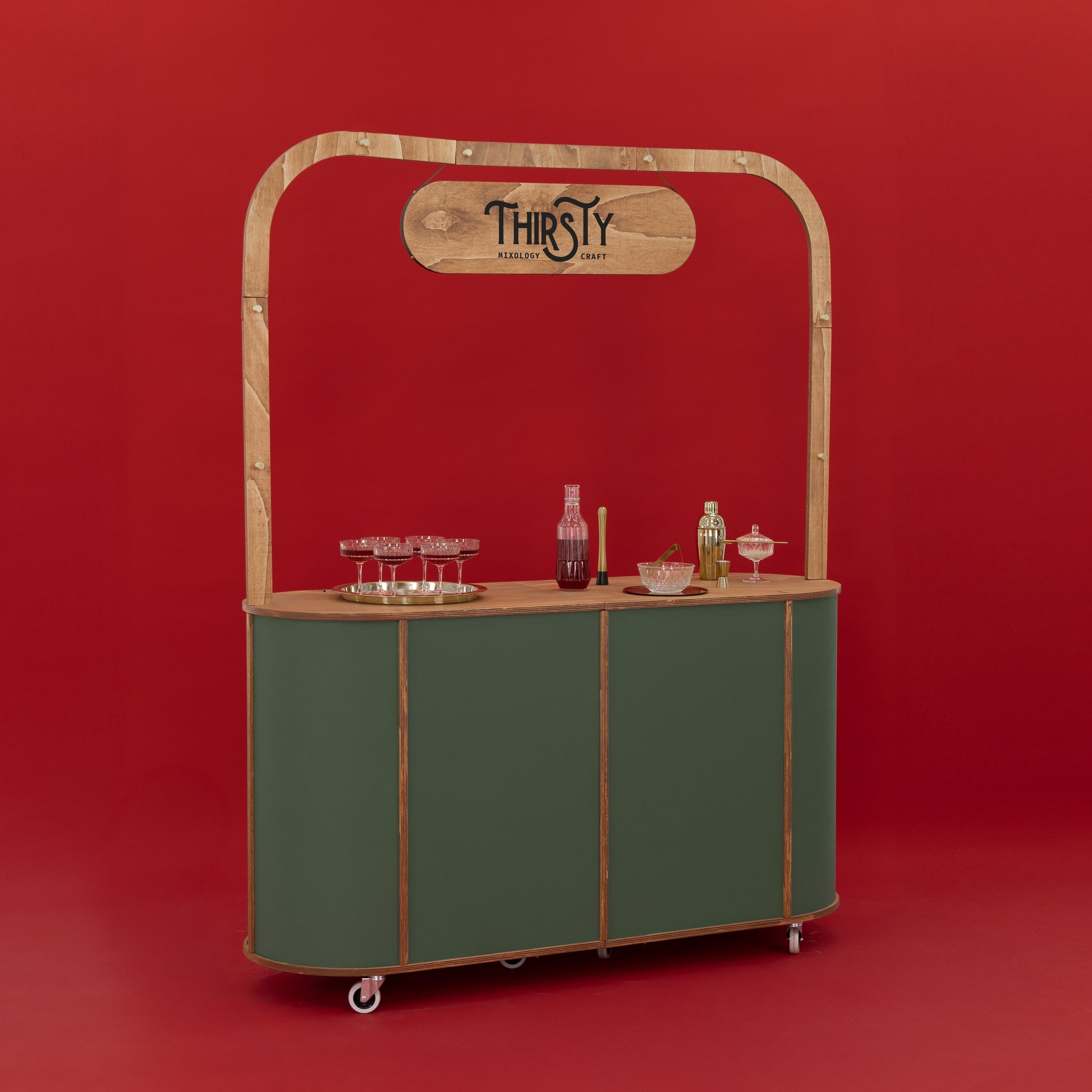 VC-29 cart used in a corporate event, serving as a sophisticated and functional mobile beverage and snack station.