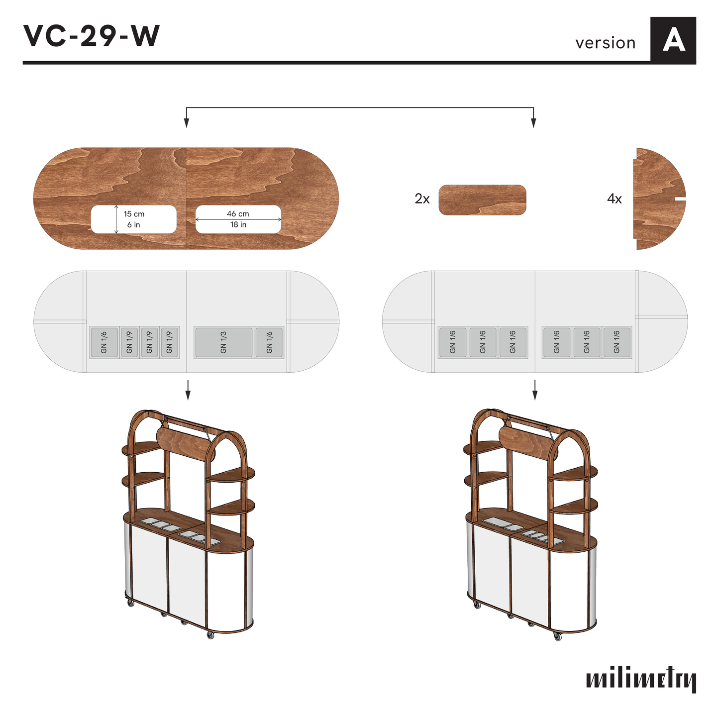 Infographic of VC-29-A-W Charcuterie Cart's countertop with cut-out spaces for bain-maries, wooden covers, and shelves for efficient food and drink display.