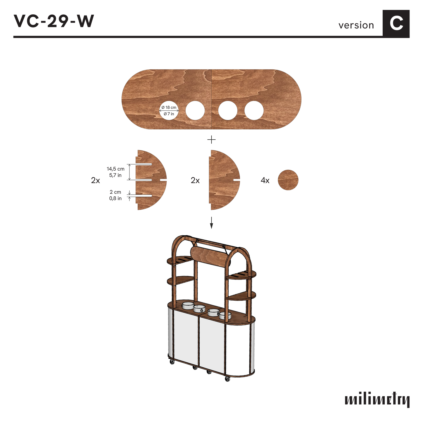 Infographic detailing the countertop with cut-out spaces for coolers, along with shelves beneath, designed for beverage and floral display setups on the VC-29-C-W cart.