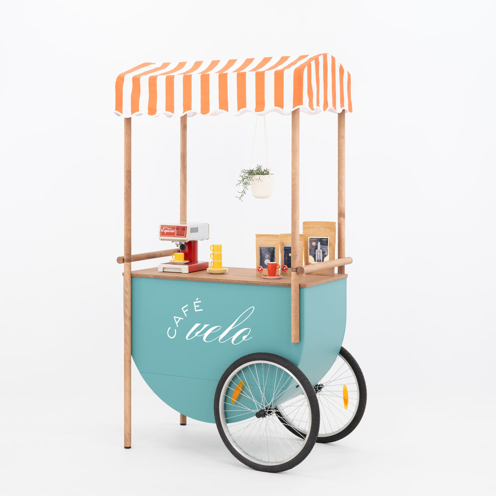 Food & beverage event cart with striped canopy and large wheels, front view