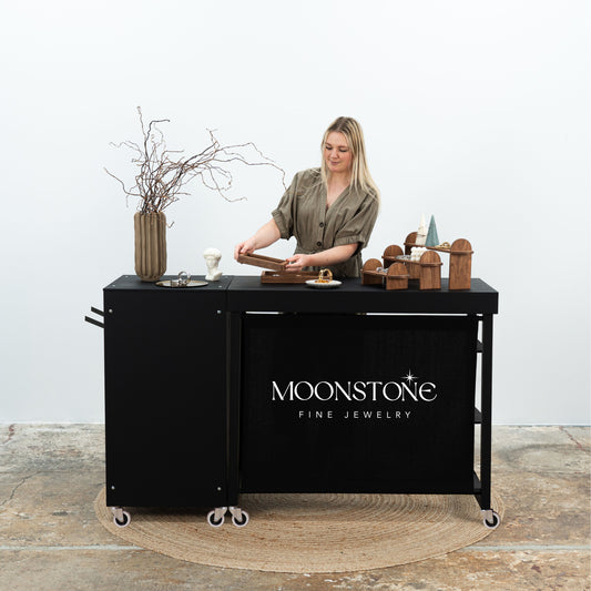 SET Vienna BL : Comptoir portable VC-06-W-BL et table VC-04-C-W-BL de couleur noire, caisse, station de dégustation