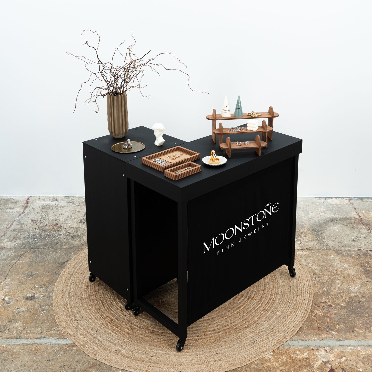 SET Vienna BL : Comptoir portable VC-06-W-BL et table VC-04-CW-BL de couleur noire, caisse, station de dégustation