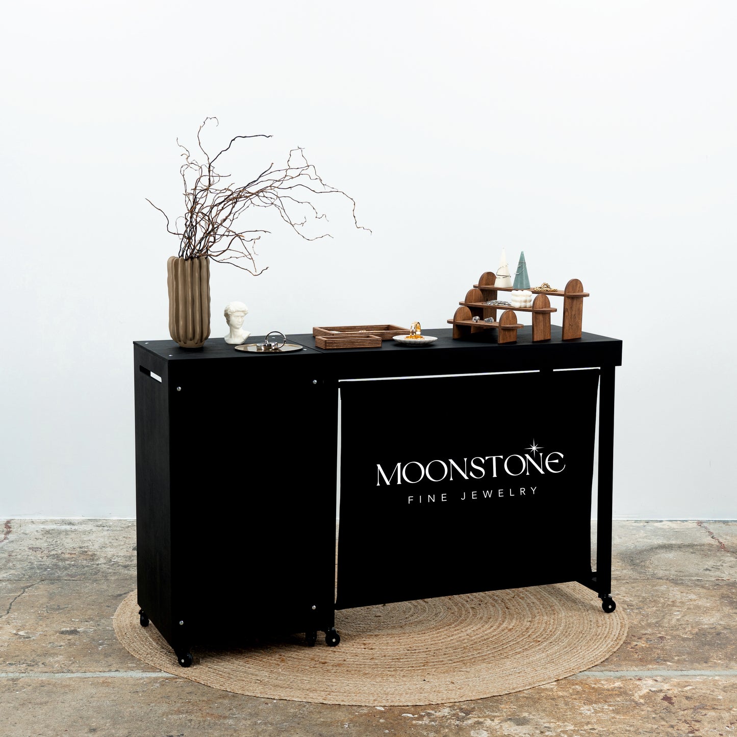 SET Vienna BL : Comptoir portable VC-06-W-BL et table VC-04-CW-BL de couleur noire, caisse, station de dégustation
