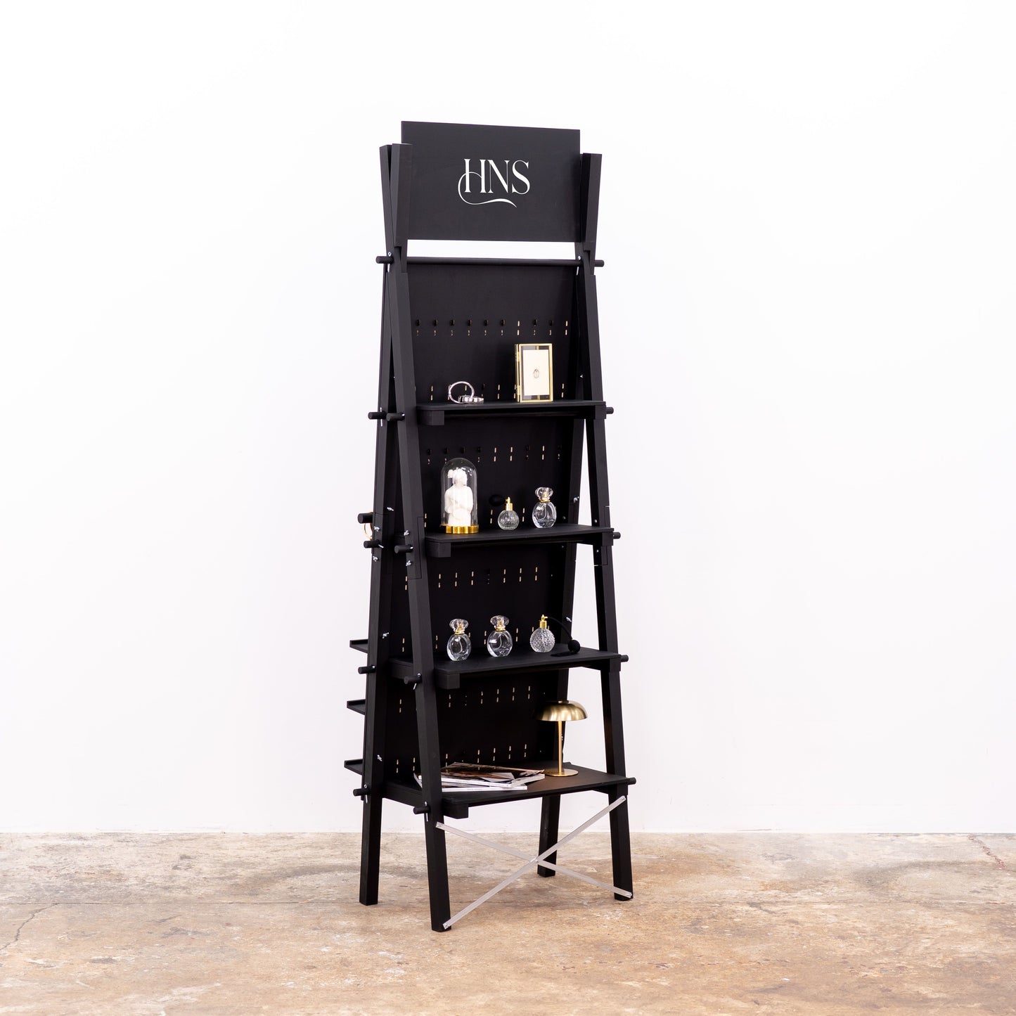 Back view of A-frame display stand with lower storage shelf