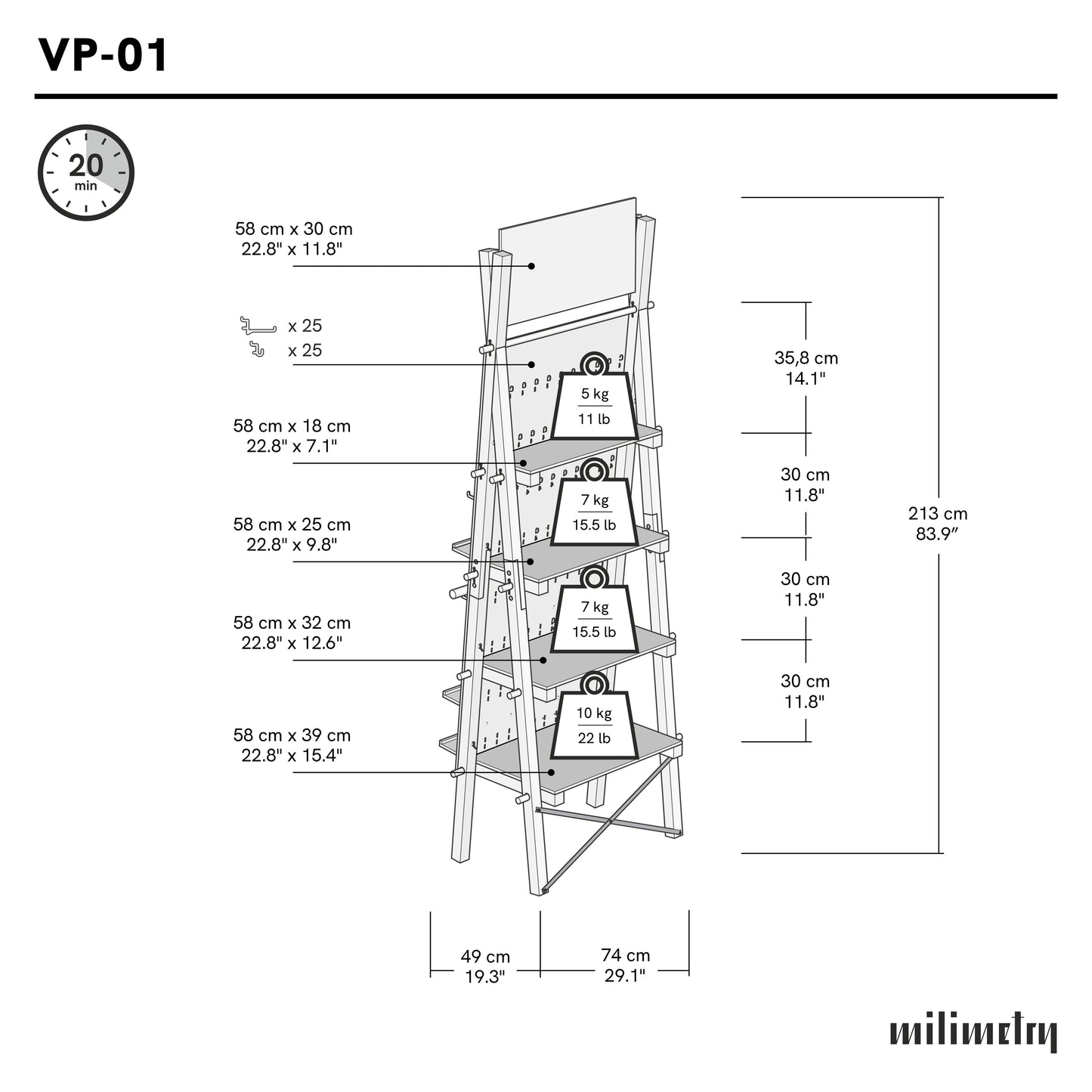 Portable A-frame shelving with pegboard VP-01-CF | coffee color