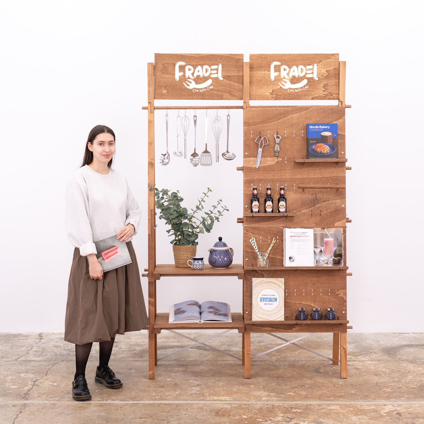Coffee wood display unit with hanging rail and jewelry showcase