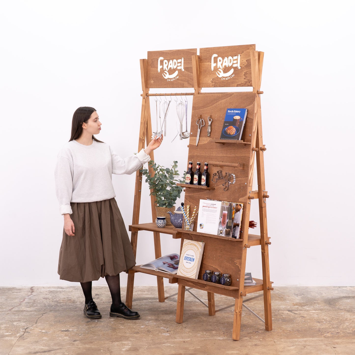 Display rack for handmade items and accessories in warm coffee color