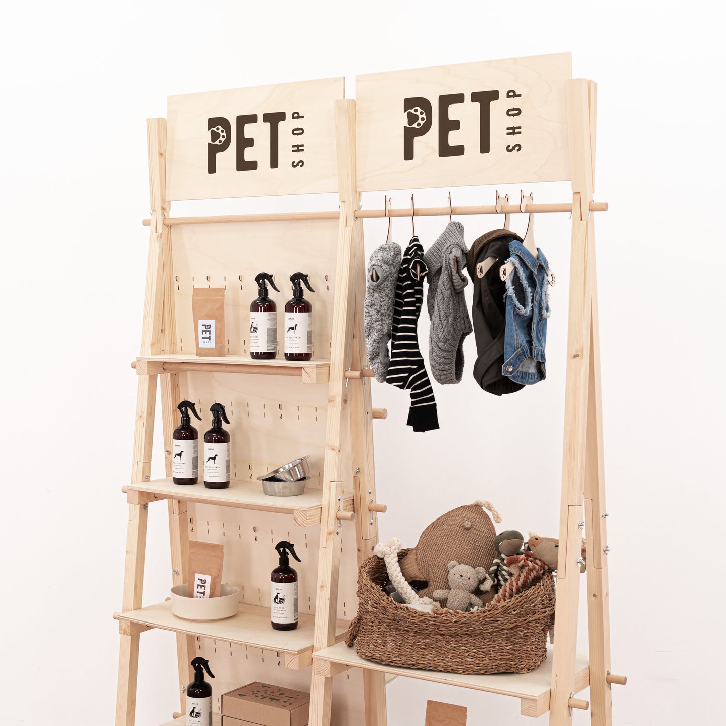 Market booth setup with versatile pegboard display and adjustable shelves