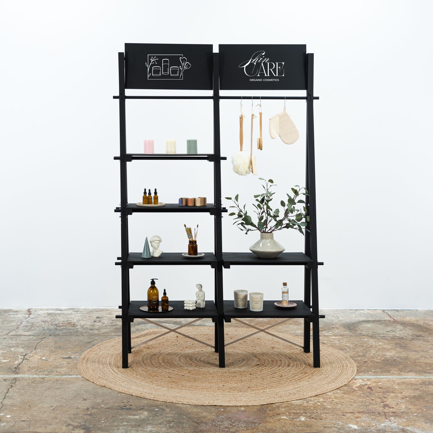 Modern vendor display rack with shelves and hanging rail