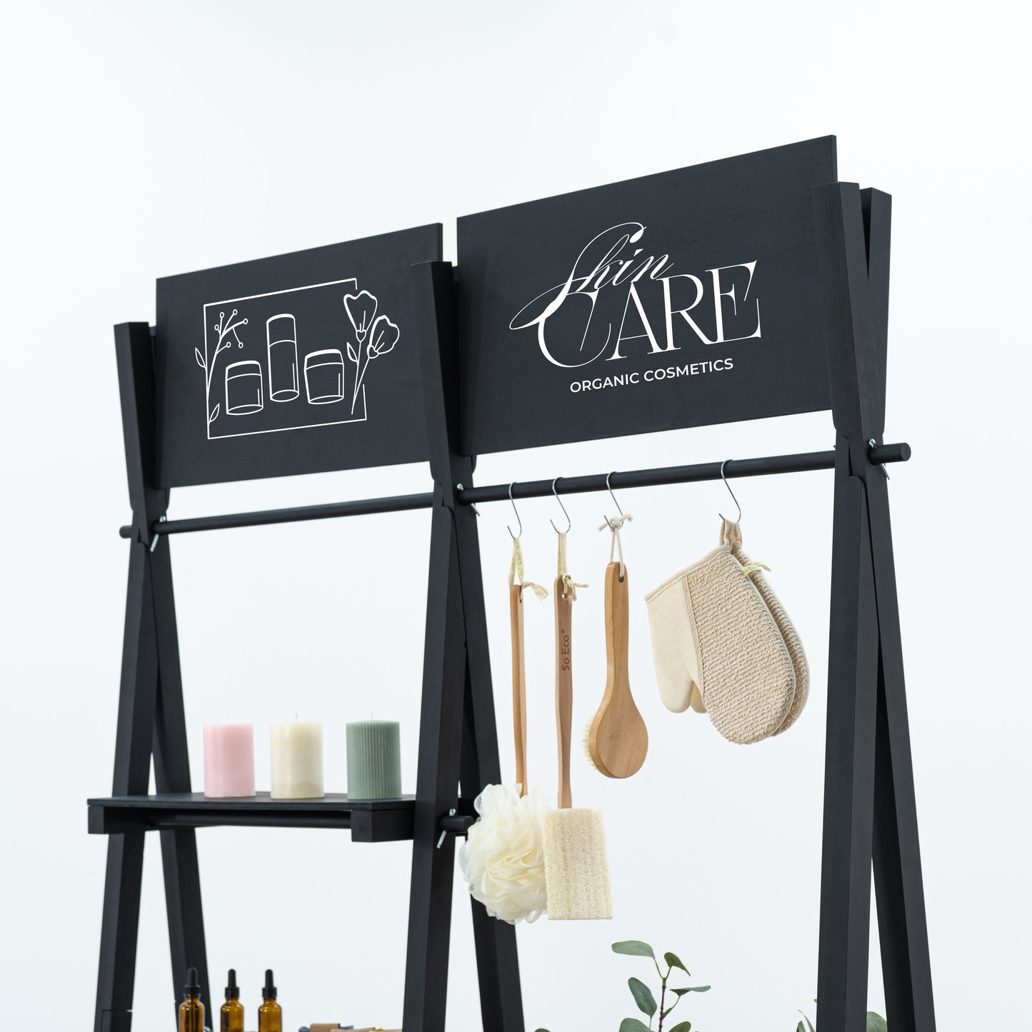 Elegant black wooden stand for retail markets and fairs