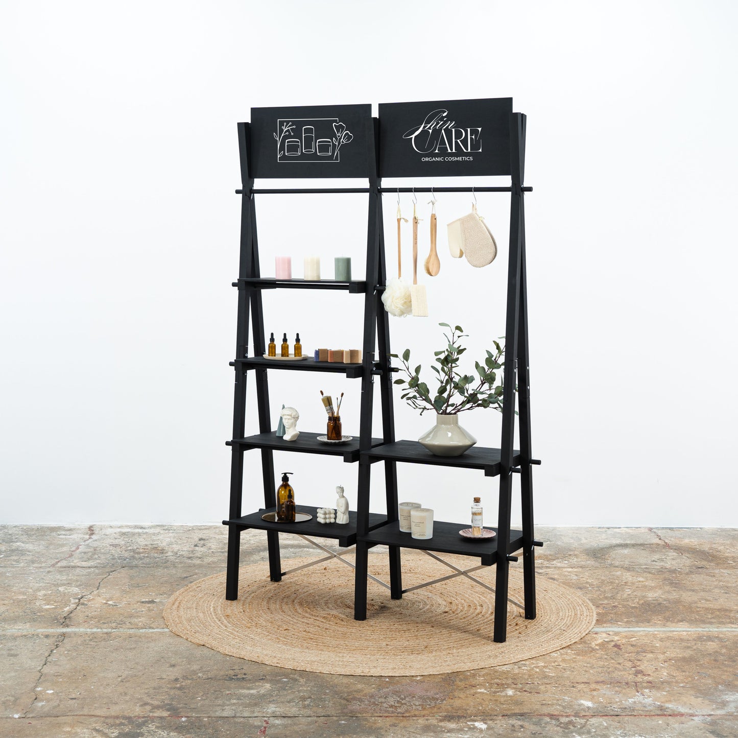 Black double display stand for trade fairs and vendor booths