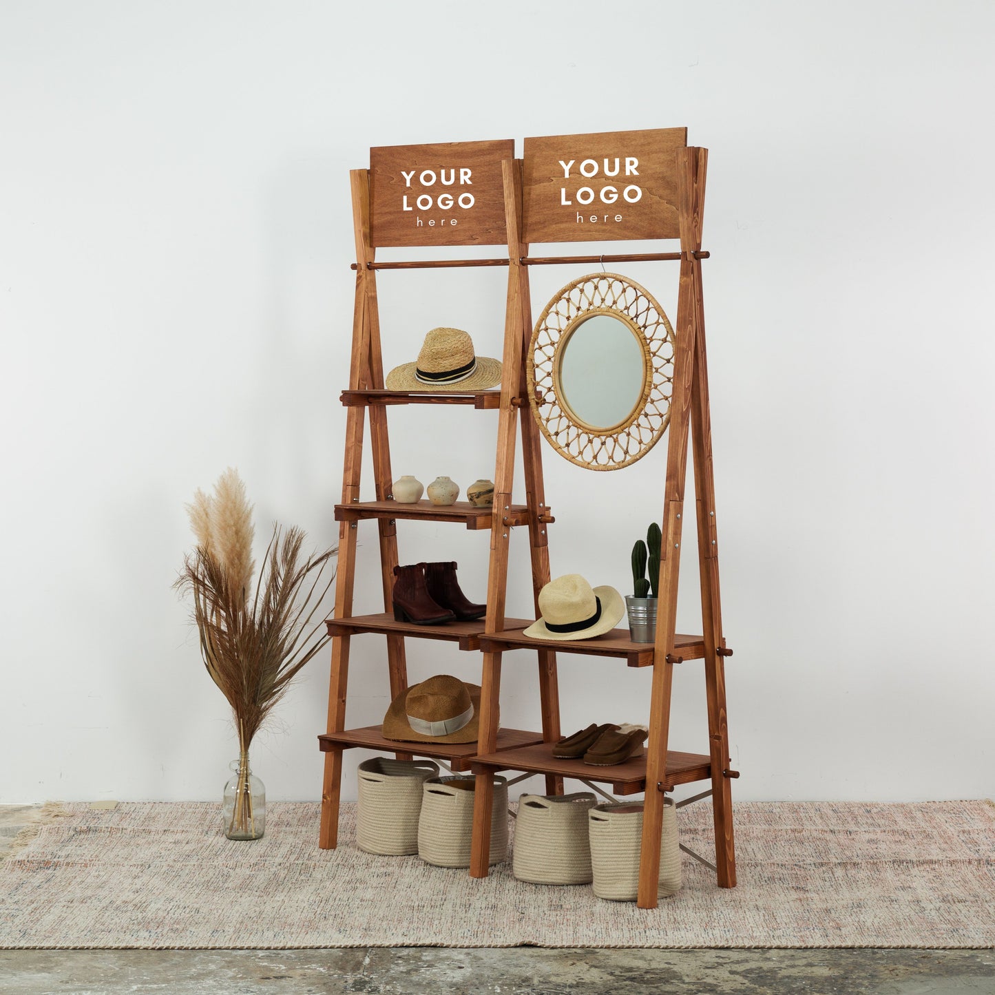 Double display stand in coffee finish for trade shows and markets