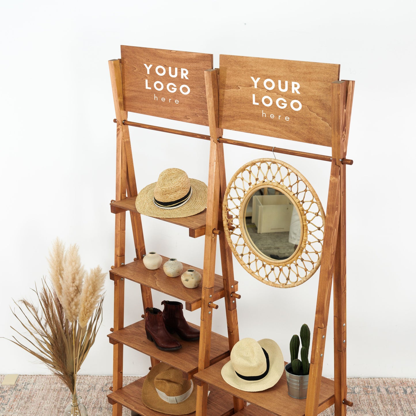 Coffee-colored portable display rack for vendor booths