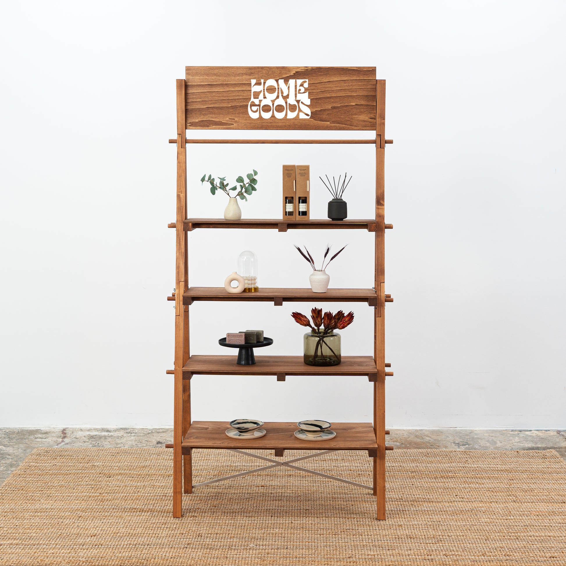 Vertical A-frame shelving unit in rich coffee brown for handmade goods
