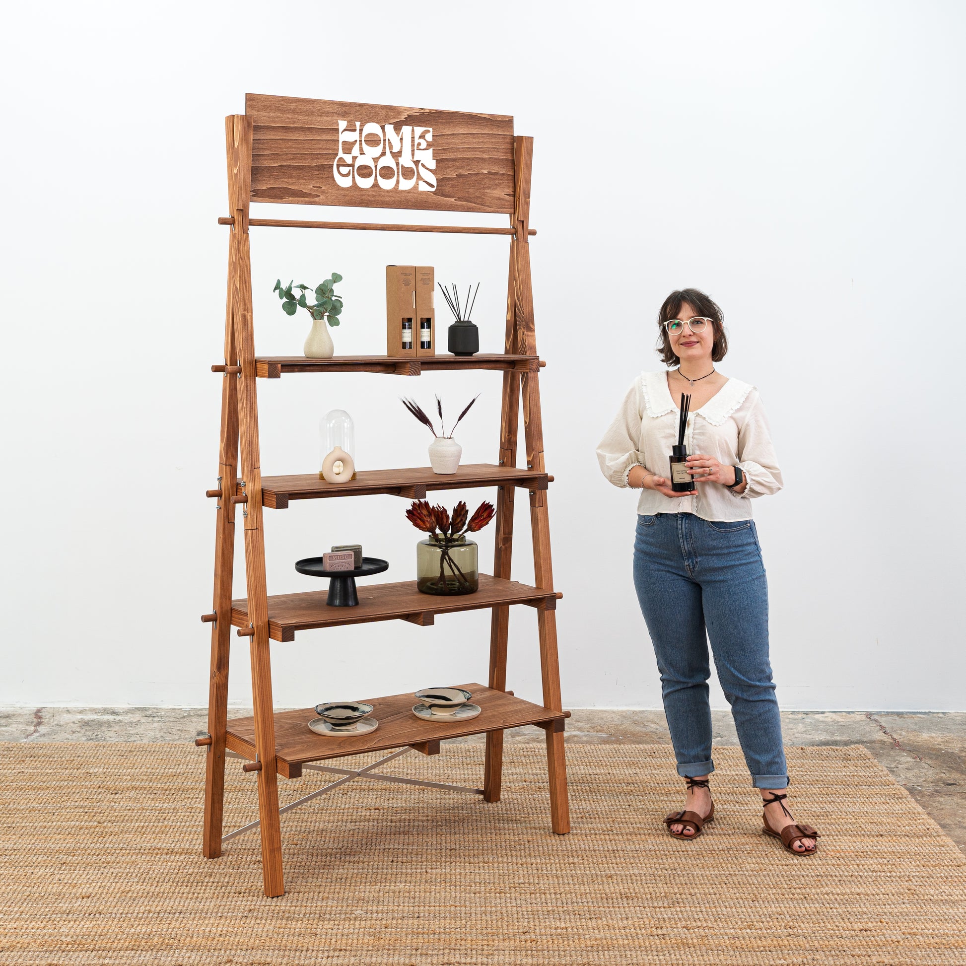 Eco-style foldable shelf with coffee wood color for product presentation
