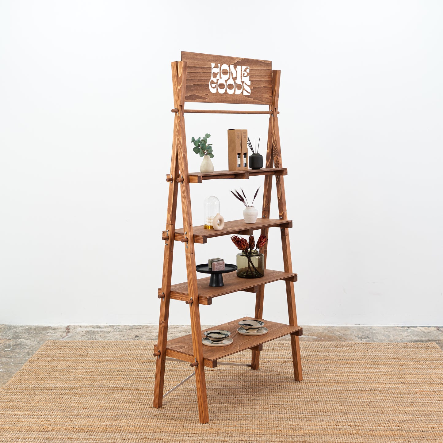 Tool-free portable shelving in coffee finish for organic retail displays