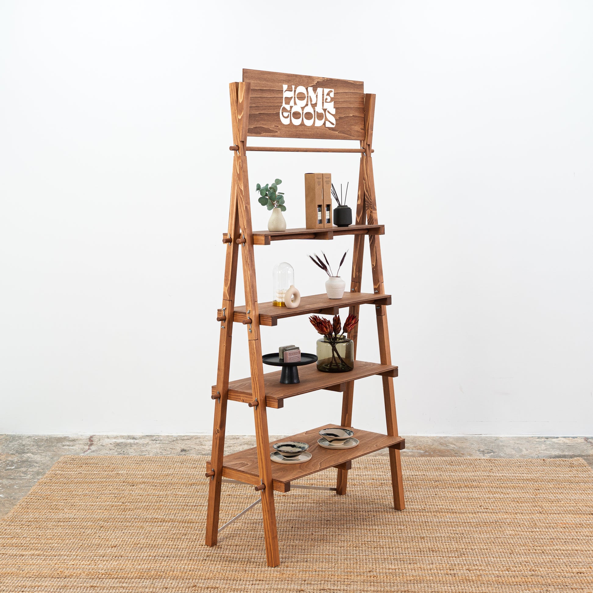 Tool-free portable shelving in coffee finish for organic retail displays