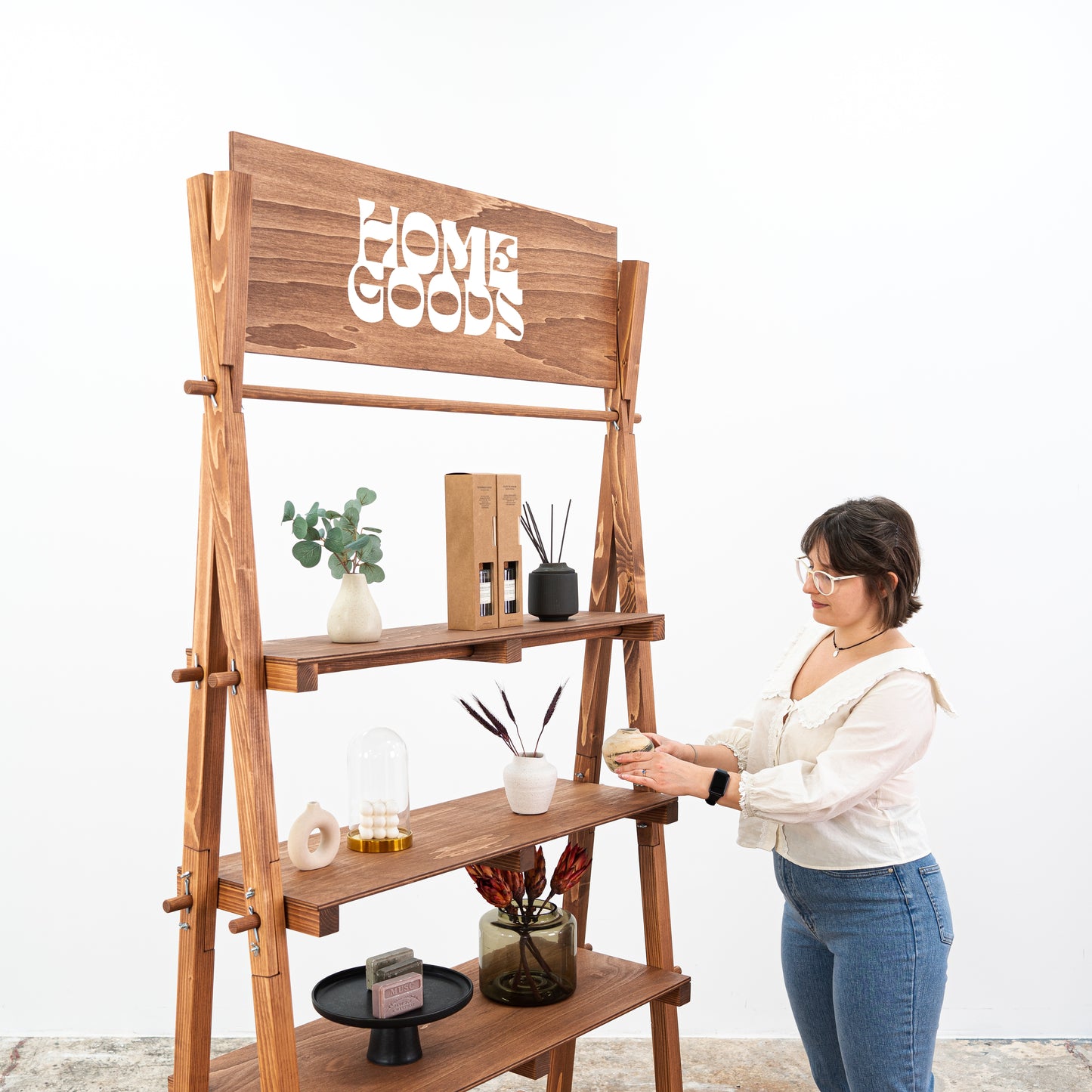 Modular coffee display stand with natural wood texture and rustic design