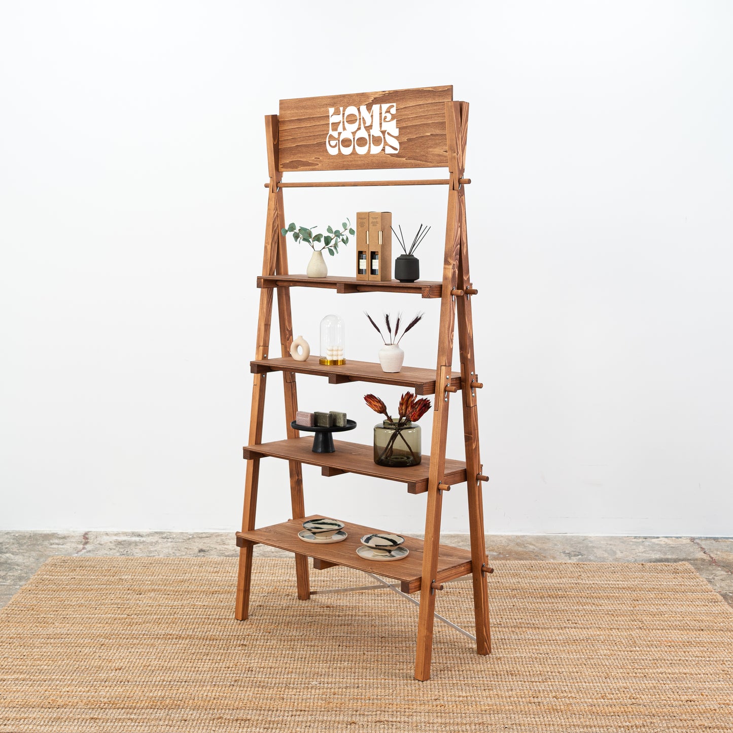 Flat-pack shelving solution in coffee finish for market vendors and events