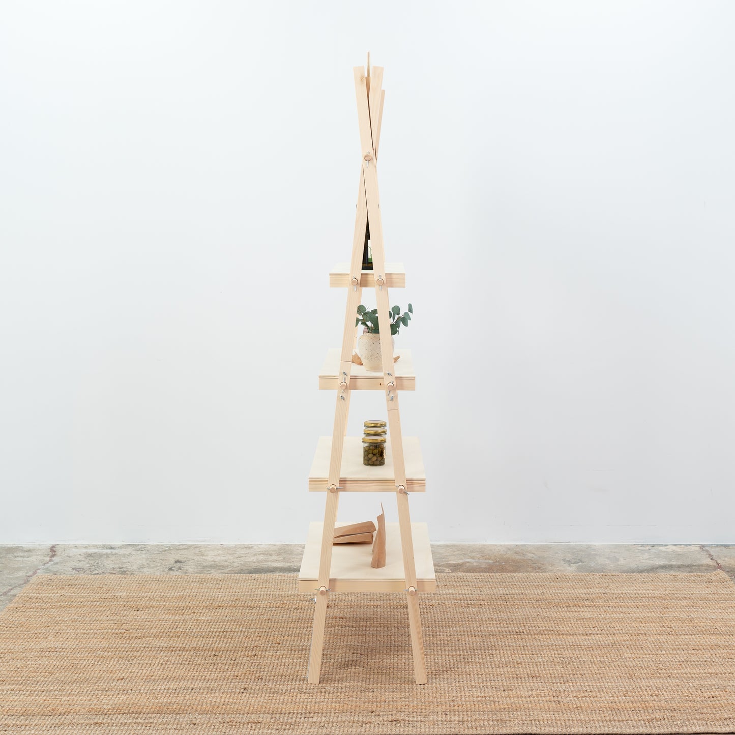 Lightweight wooden shelving unit with a modular A-frame design