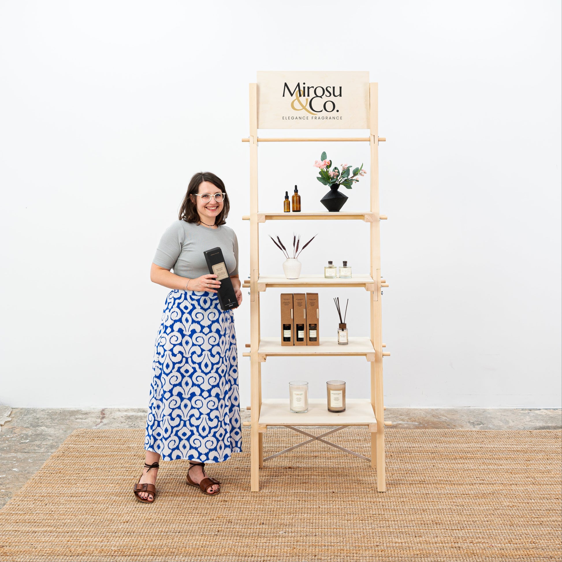Four-tier wooden retail rack for pop-ups, shops, and artisan events