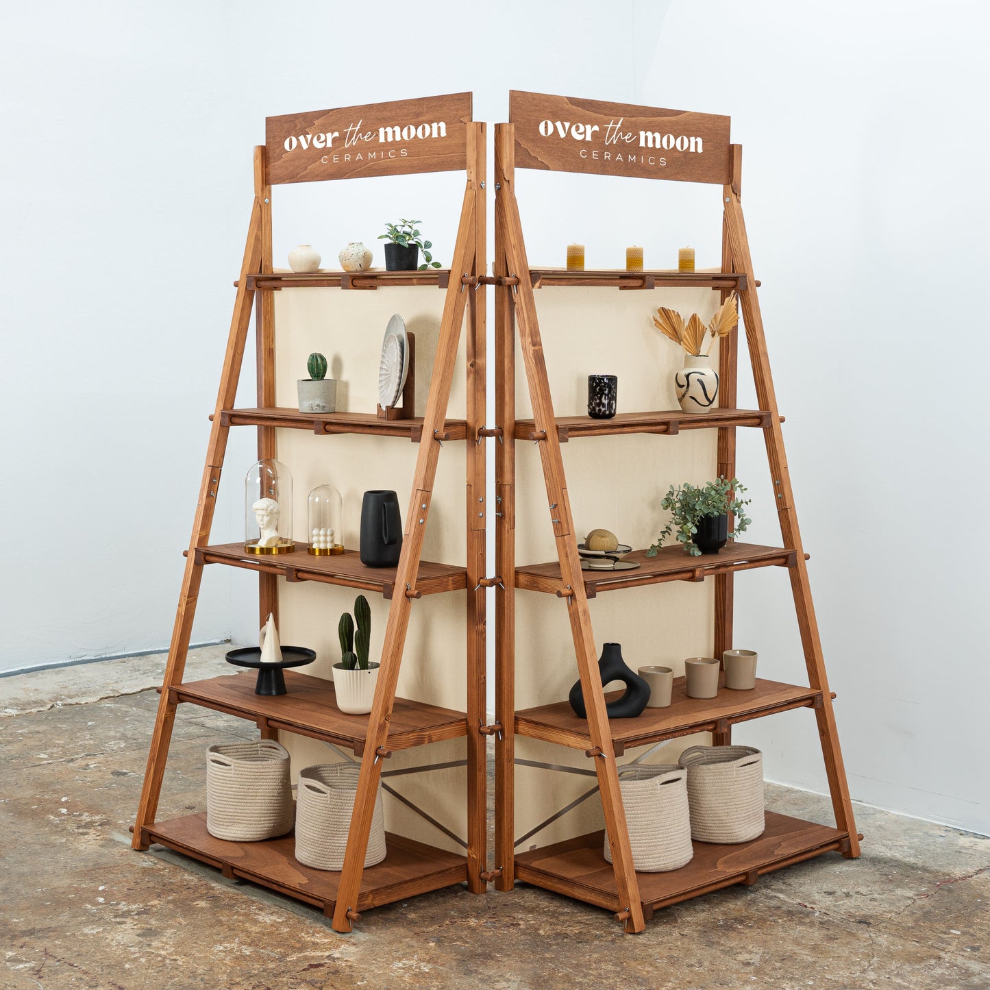 Portable display shelf in coffee color for organic and handmade product showcases