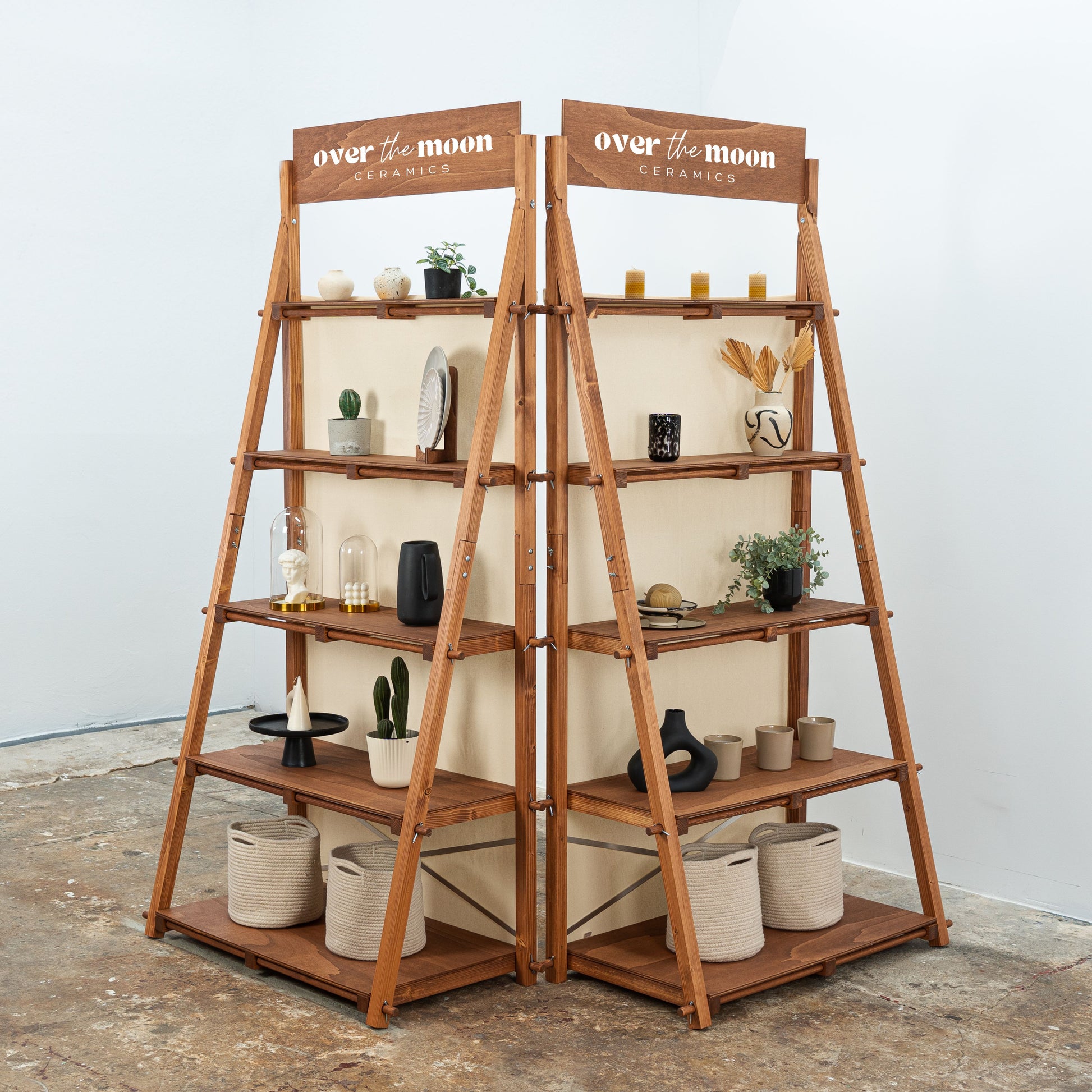 Portable display shelf in coffee color for organic and handmade product showcases