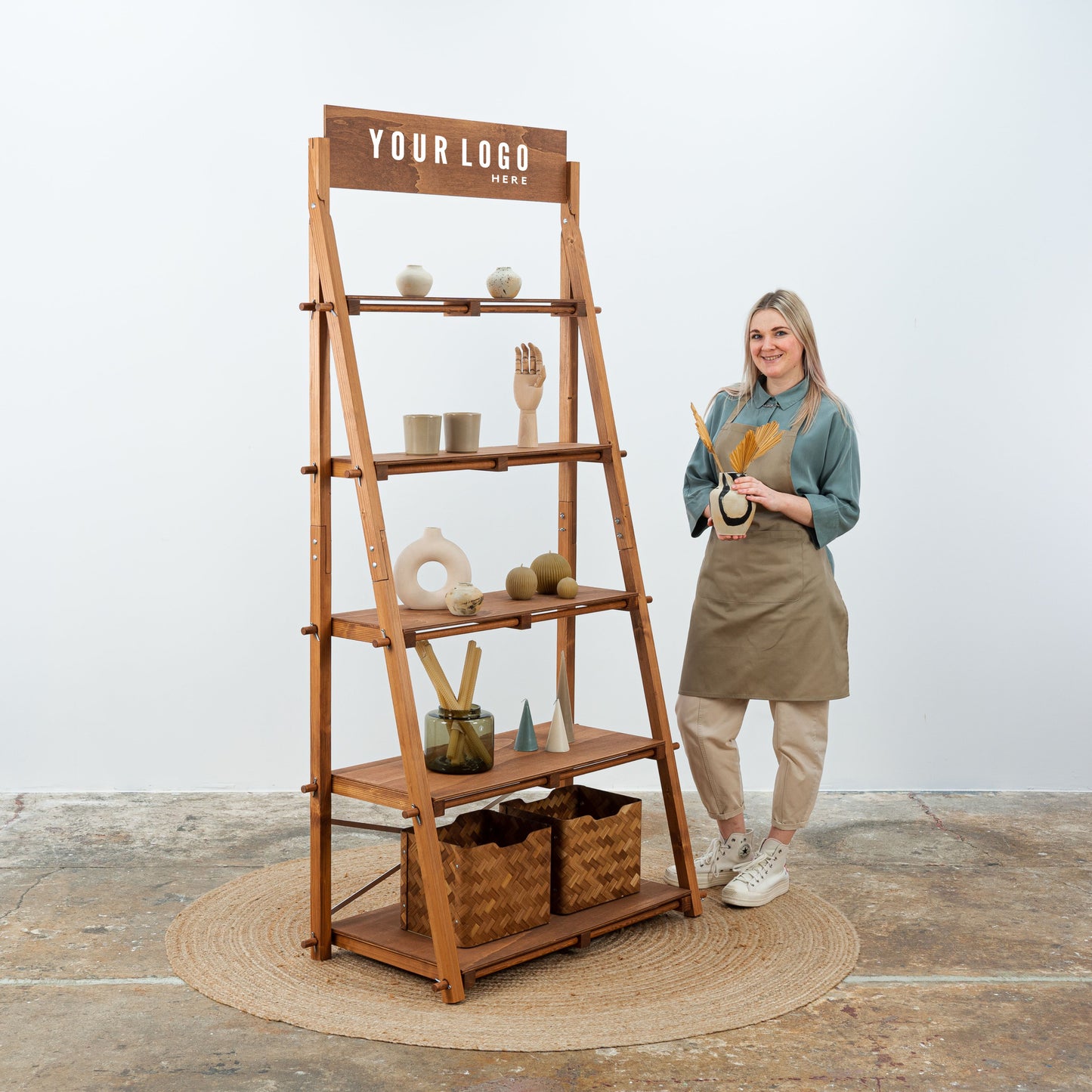 Slanted wood shelf design with natural brown finish for retail spaces