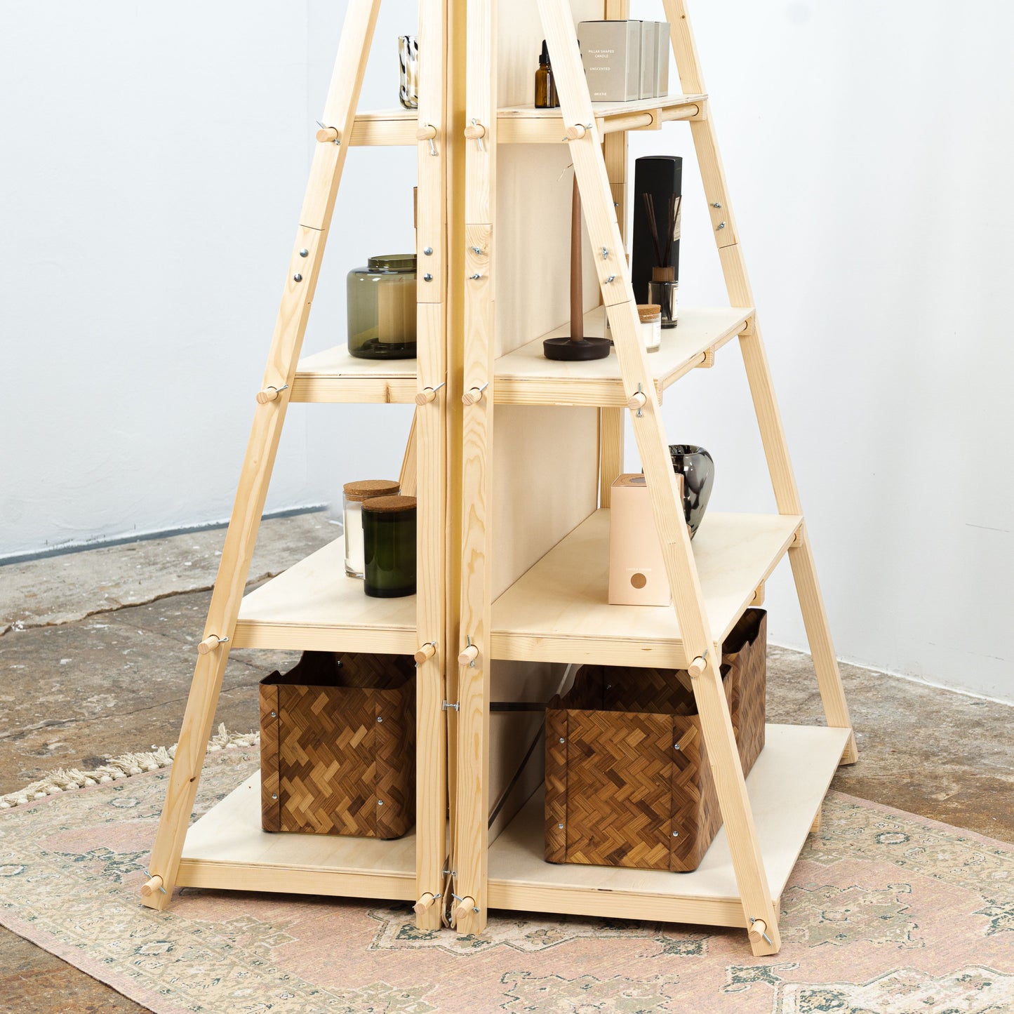 Rustic portable shelving display with a modern wooden aesthetic.