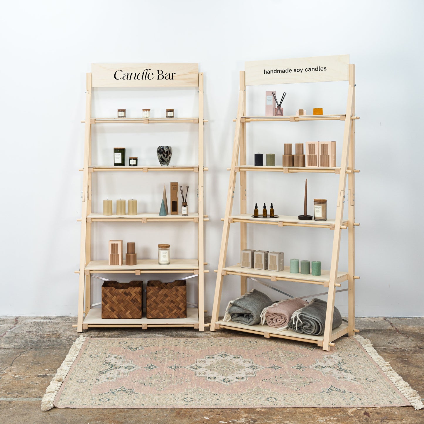 Craft fair portable shelving display with tool-free assembly, perfect for pop-up shops.