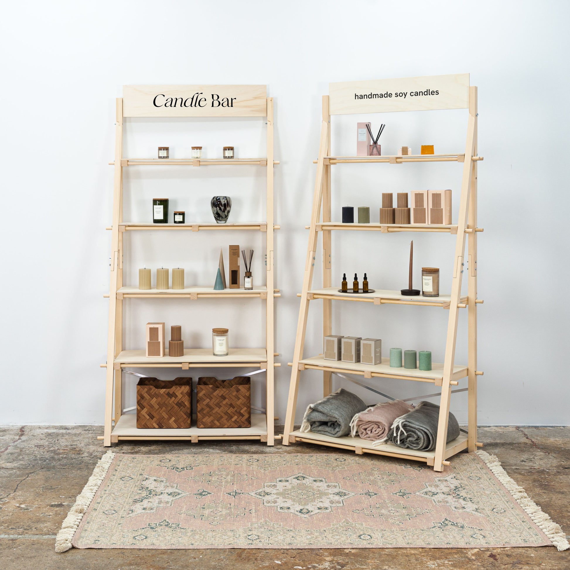 Craft fair portable shelving display with tool-free assembly, perfect for pop-up shops.