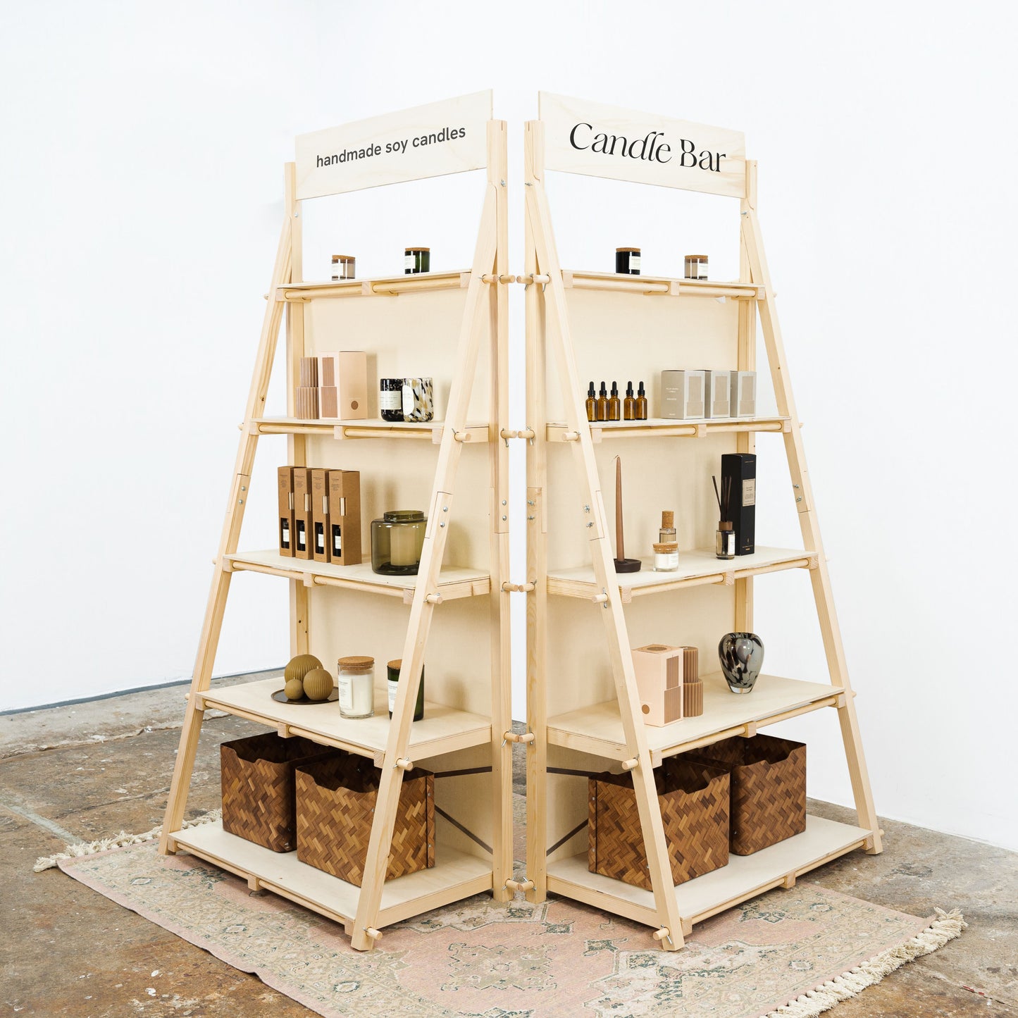 Foldable display shelves for craft fairs and retail pop-up shops.