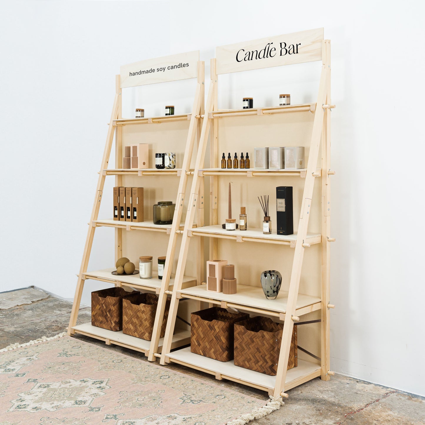 Slanted wood shelf for vendor booths and exhibition displays.