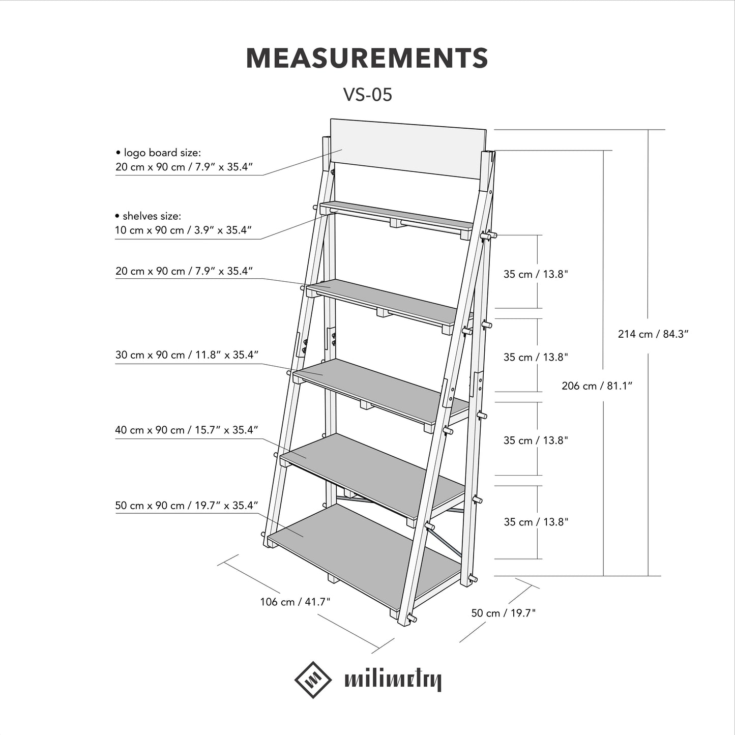 Portable lightweight shelving unit VS-05-CF to be placed against the wall, for shops and events
