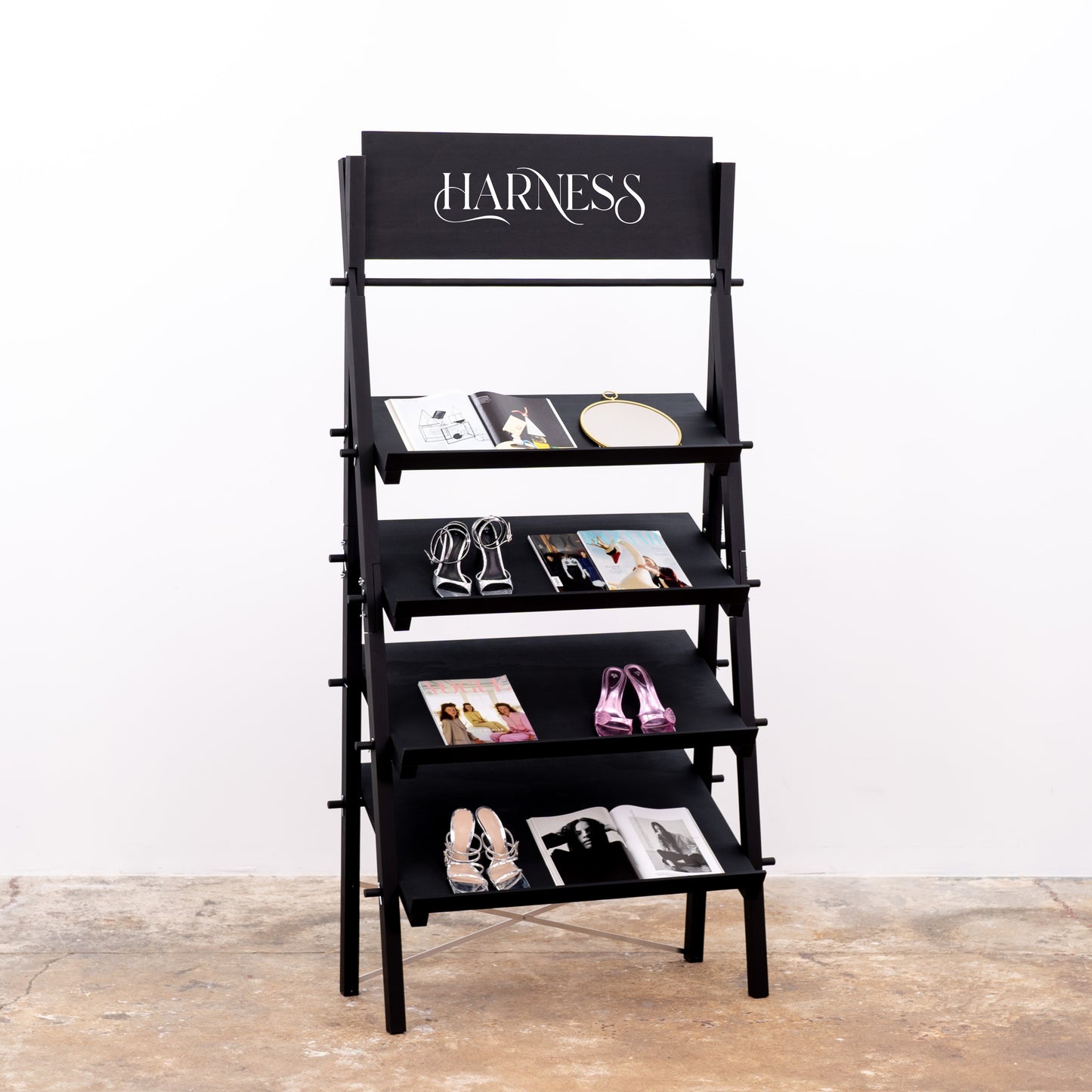 Portable Black A-Frame Display with Slanted Wooden Shelves | VS-07-BL