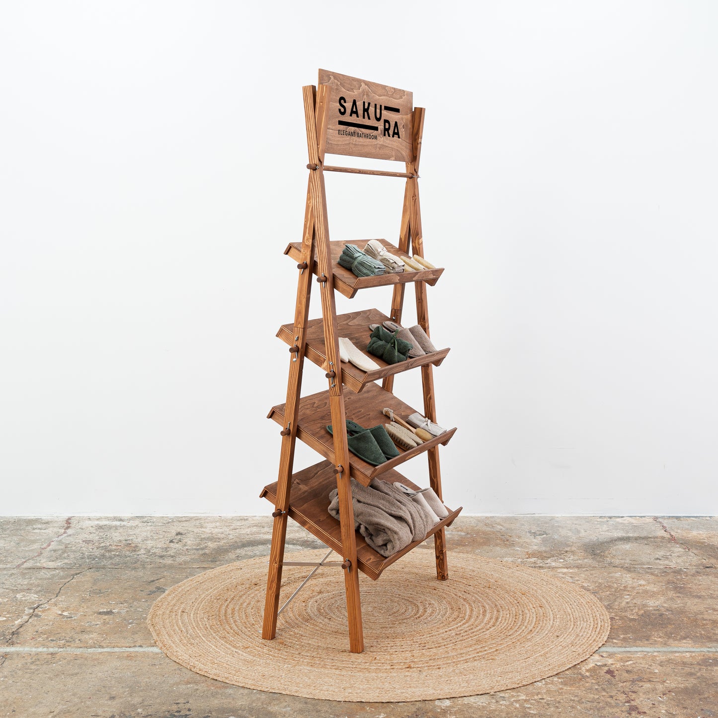 Spruce wood retail display with warm coffee oil stain