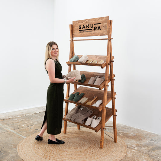 Coffee wood A-frame shelving unit with slanted display shelves