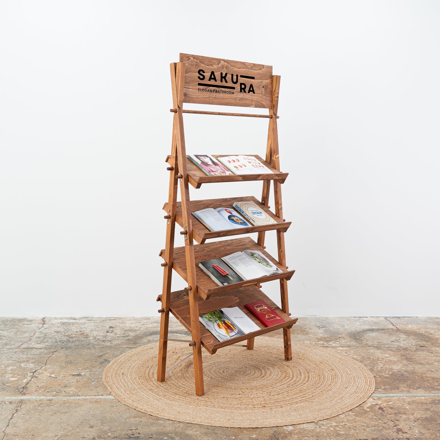 Foldable wooden retail shelf in coffee color with product setup