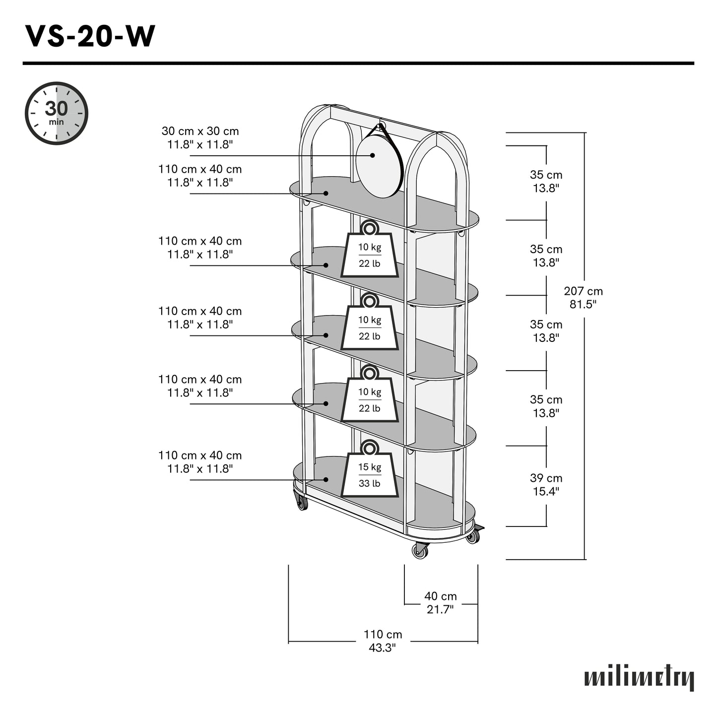 Dimension diagram of VS-20-W-ML display shelf with height and width