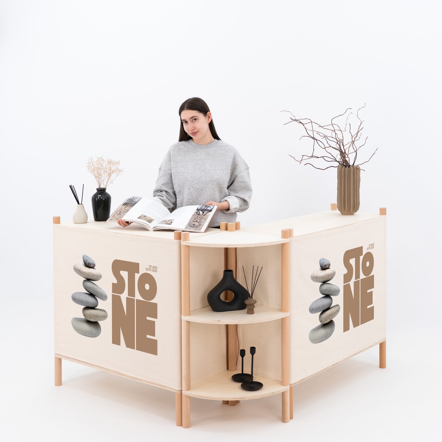 Corner retail display set with counters and canvas panels